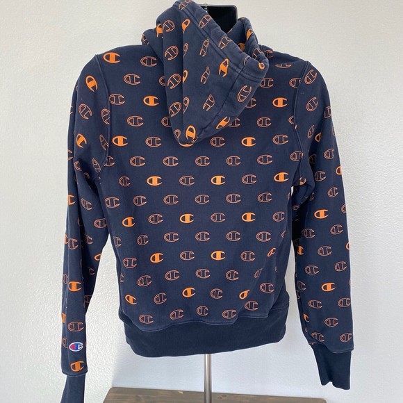 Champion Reverse Weave All Over Print Pull Over Hoodie Mens Small Navy & Orange - Picture 3 of 4